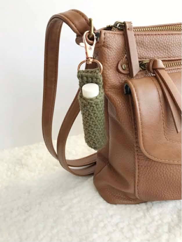 Olive Crochet Lip Balm Holder Keychain